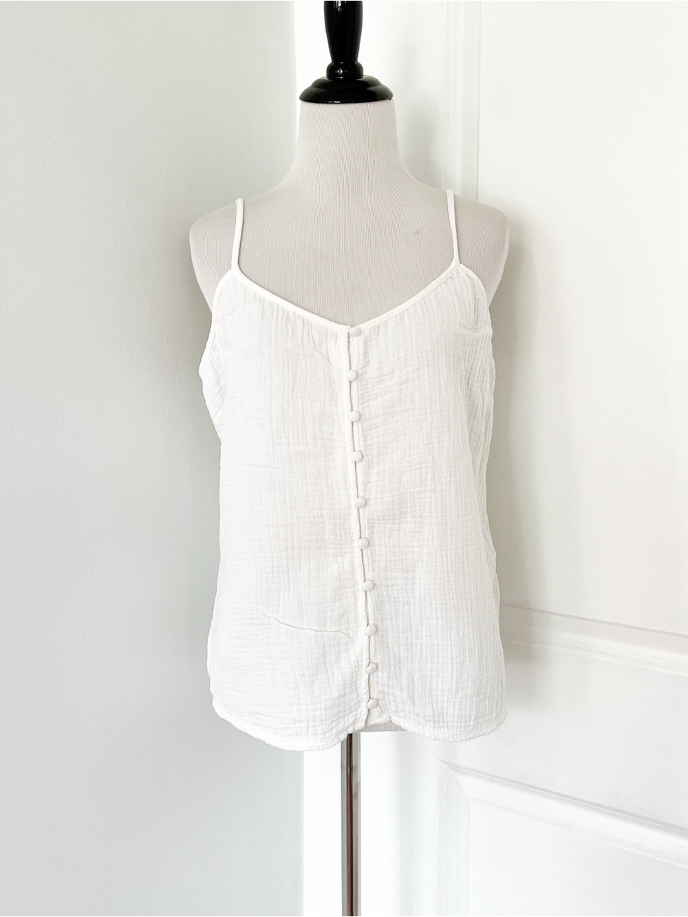 dolan Gauzy Cotton White Button-Front Spaghetti Strap Camisole Top - Large